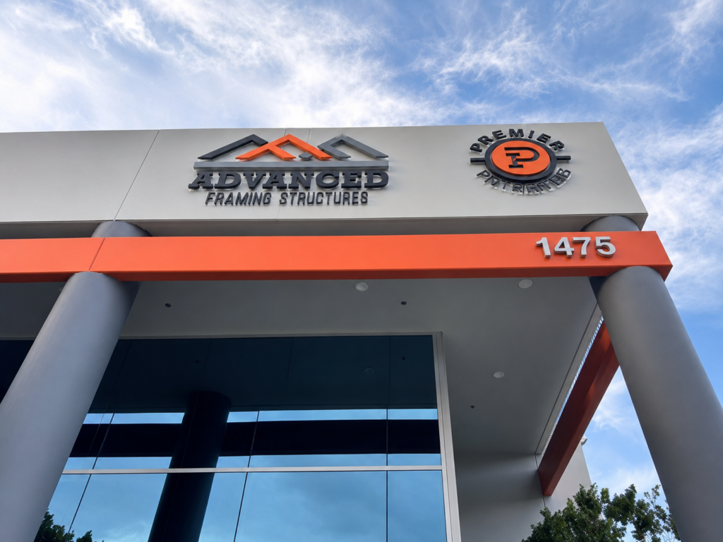 Custom dimensional building signs for Advanced Framing Structures and Premier Partner in Corona, CA