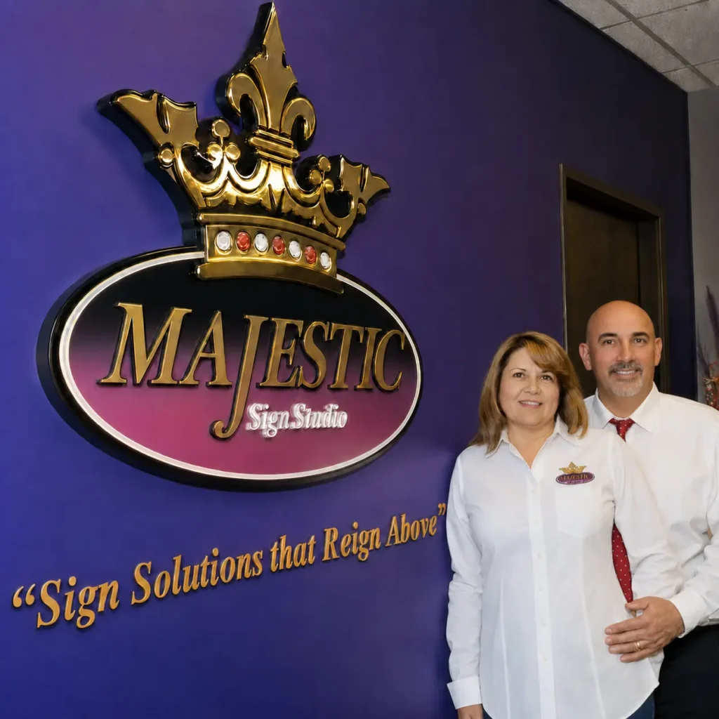 Majestic Sign Studio owners beside the company logo in Corona, California